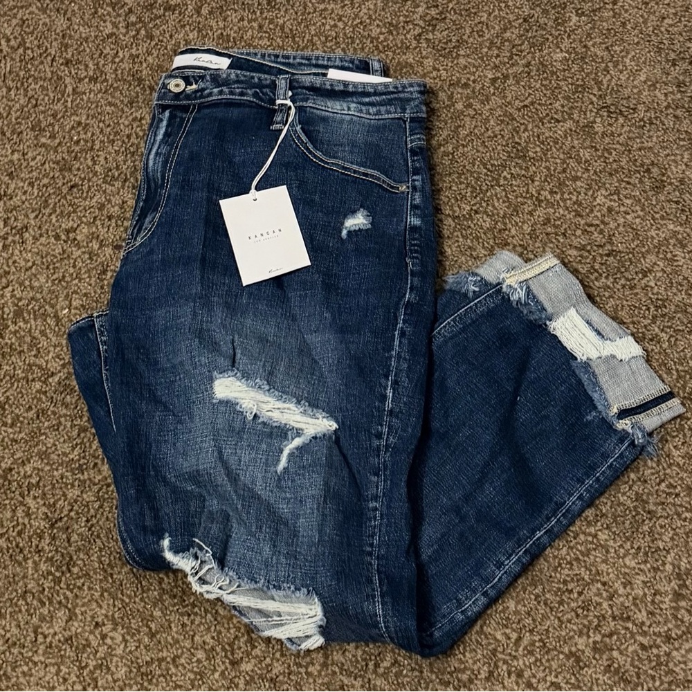 KanCan Boyfriend Distressed Denim Jeans Blue Button Accent Women's Plus